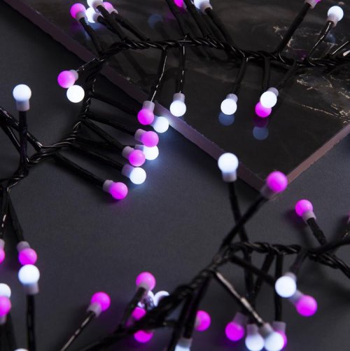 НИТЬ уличная, УМС, Мишура шарики Д:4 м. Н.Т. LED-400-31V 8 режимов, БЕЛО-РОЗОВЫЙ   